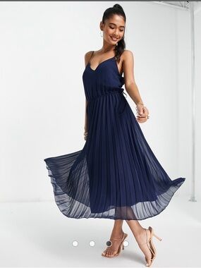 ASOS DESIGN pleated cami midi dress with drawstring waist in navy Size 0